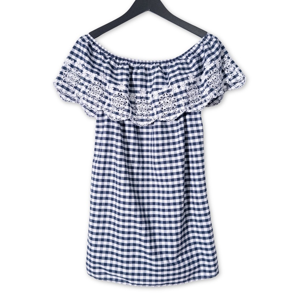 Forever 21 Tunic Dress Womens Medium Blue Gingham Eyelet Ruffle Off Shoulder